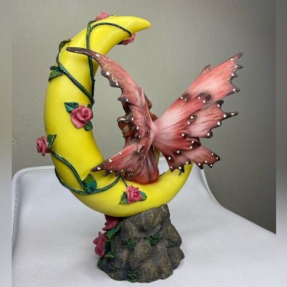 Rare! Diamond Select Fairie with Pink Wings on Quarter Moon 10"  Statue Roses - Picture 6 of 11